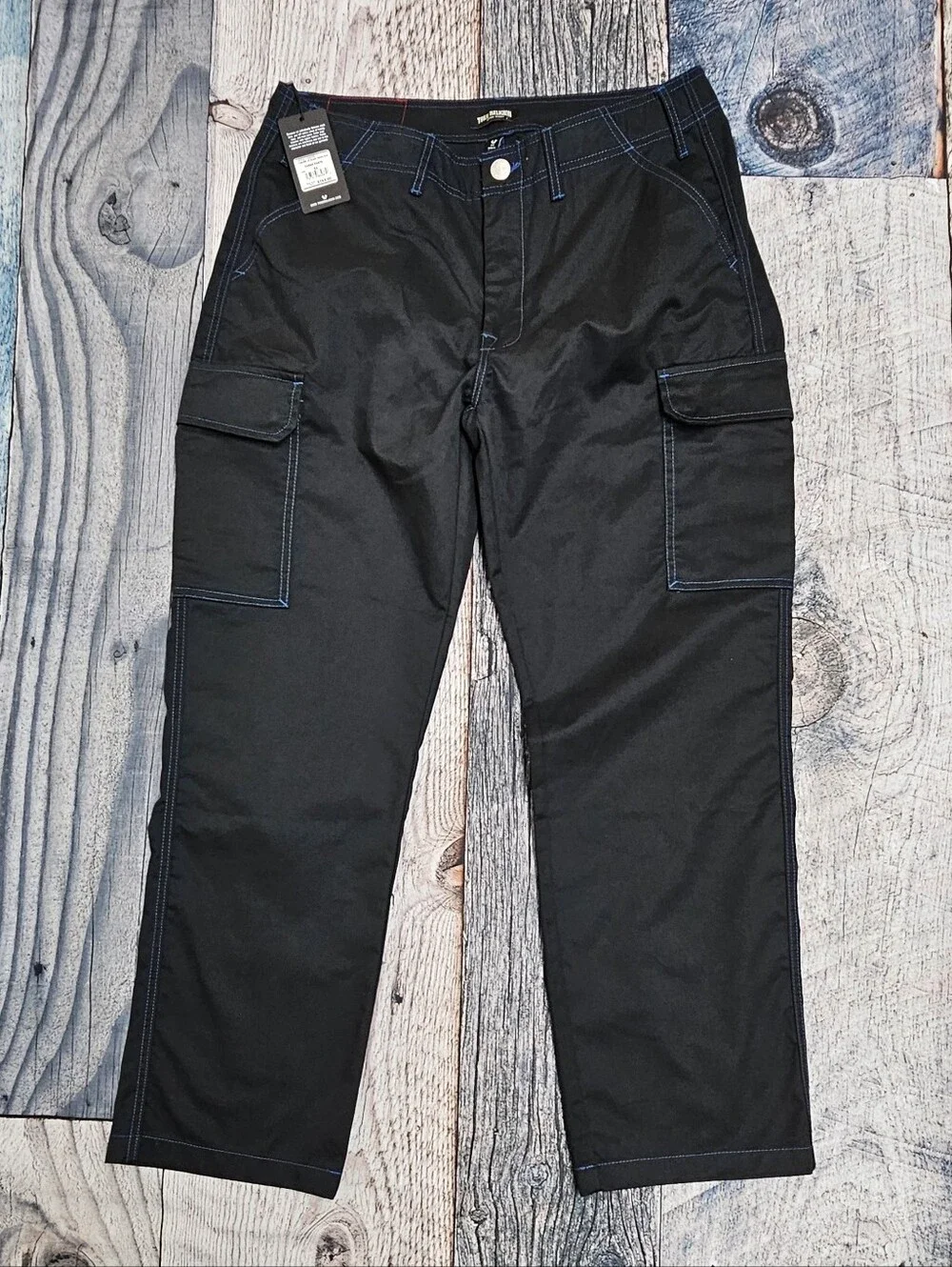 True Religion Cargo Pant Baggy Jet Black Pacific Blue Logo Pockets Men's Size 34